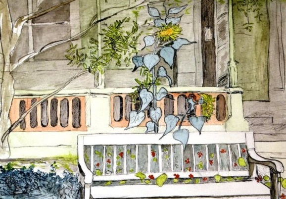 Postkarte Holzhaus mit Sonnenblumen u Hermann Hesse Sitzbank 